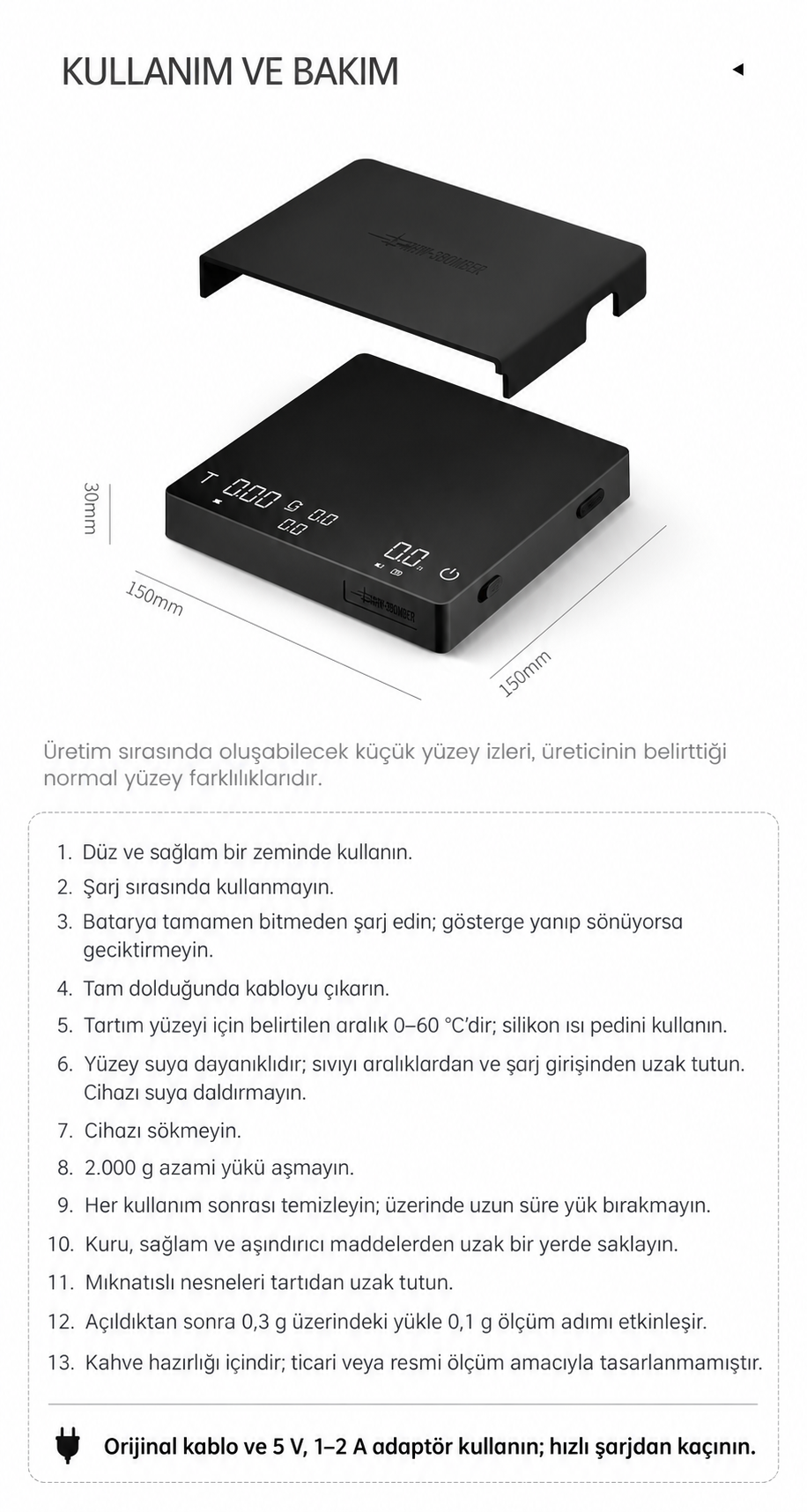 Tartının kullanımı, sıvı ve ısı sınırları, şarj ve temizlik önerilerini içeren Türkçe bakım görseli