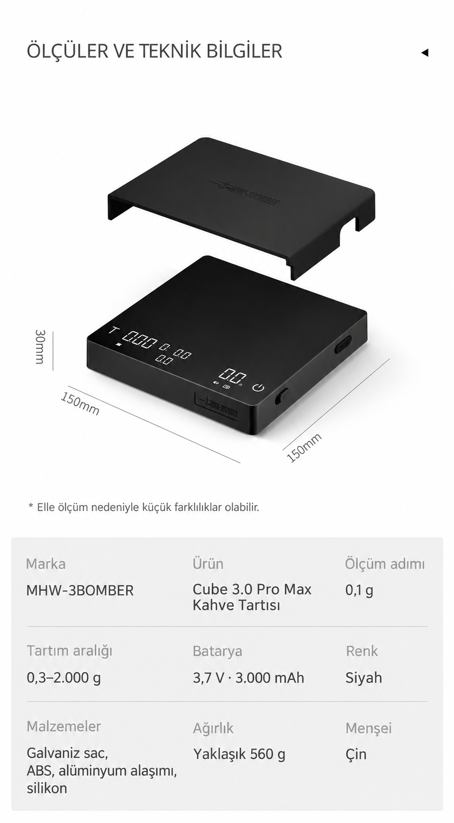 Cube 3.0 Pro Max tartının 150 × 150 × 30 mm ölçülerini ve teknik özelliklerini gösteren Türkçe görsel