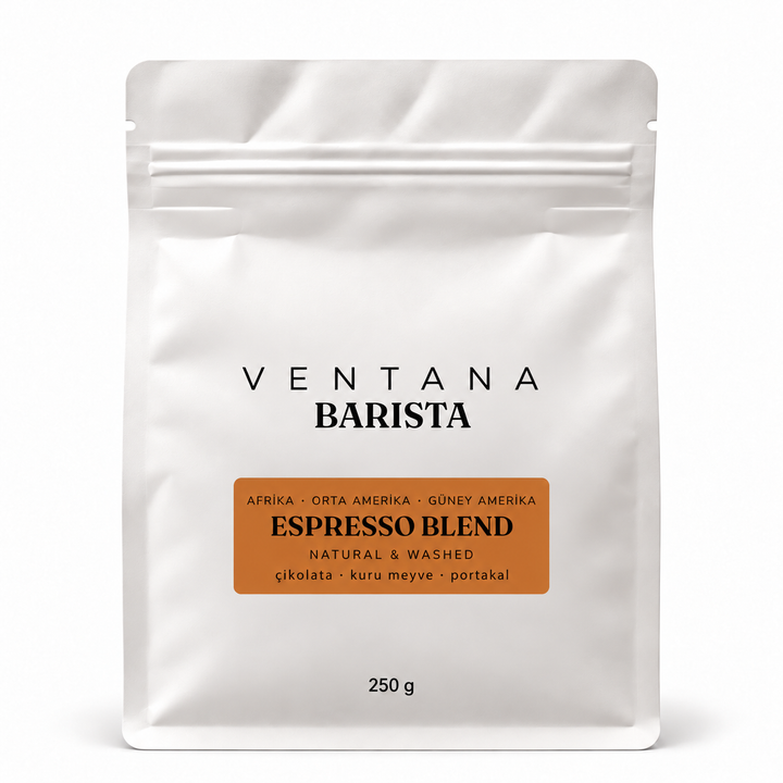 Espresso Blend 250 g - Desert Sun etiketli beyaz Ventana Barista kahve paketi