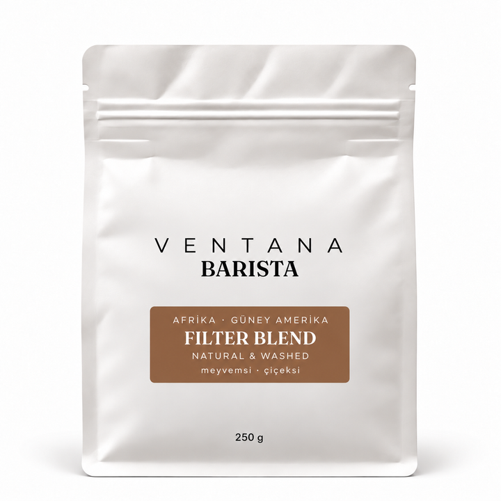 Filter Blend 250 g - Glazed Ginger etiket ve beyaz yazılı Ventana Barista kahve paketi