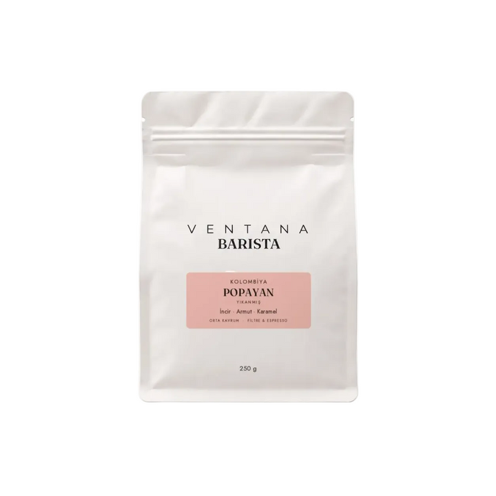 Ventana Barista Kolombiya Popayan yıkanmış kahve 250 g, pembe etiketli beyaz mat ambalaj